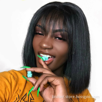 Straight Hair Short Bob Wig with Bangs Straight Hair Brazilian Remi Hair Mechanism Bob Natural Color Black Ladies Wig 8-16inch